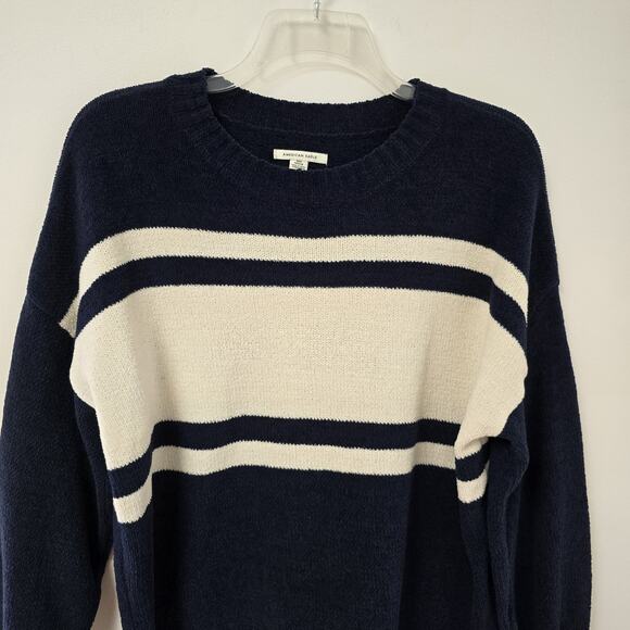 American Eagle Sweater XS/S Relaxed Navy Cream Stripe Crewneck Super Soft Womens - Picture 2 of 11